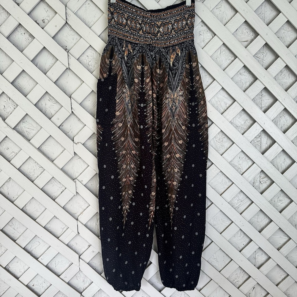 Banjamath Peacock Feather Print Rayon Harem Boho Pants Hippie Gypsy